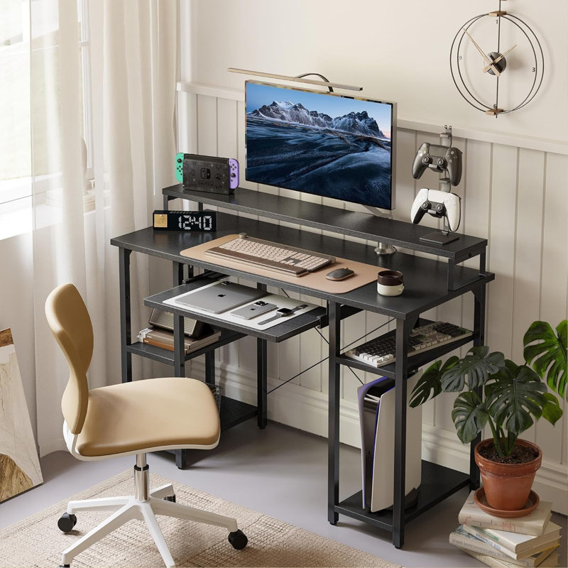 Computer Desk With Keyboard Tray, 47 Inch Office Desk With Monitor Stand And Storage Shelves, Music Studio Desk Workstation, Work Table For Home Office, Black