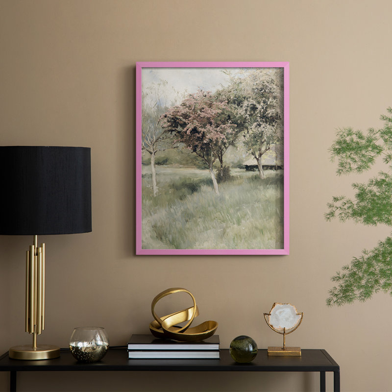 Impression florale rétro avec encadrement LXVI - bois massif, Rose, H 21 po x l 17 po