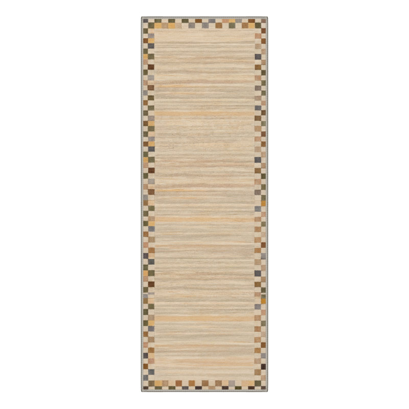 Modern Checkered Stripes Machine Washable Ivory Indoor Area Rug With Non-Slip Backing, Runner 2' x 7'