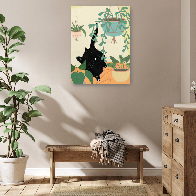 Black Cat in Greenery Canvas Art Print, 14" x 11"