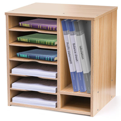 Durable Light Wood 8-Slot Tiered Literature Organizer For Home Office And Stationery Storage