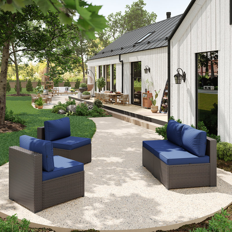 4 -Person Rattan Patio Safo With Cushions, Brown, Dark Blue