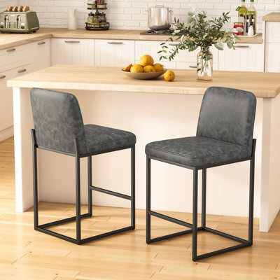 Counter Height Bar Stools With Padded Back, Modern Upholstered Counter Stool Chairs With Black Metal Frame For Kitchen Island, Set Of 2