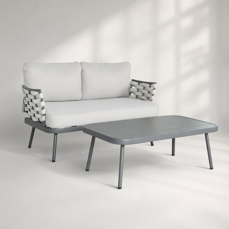 Causeuse et table en acier Mariano, gris, corde durable résistante aux intempéries, coussins hydrofuges, assemblage facile