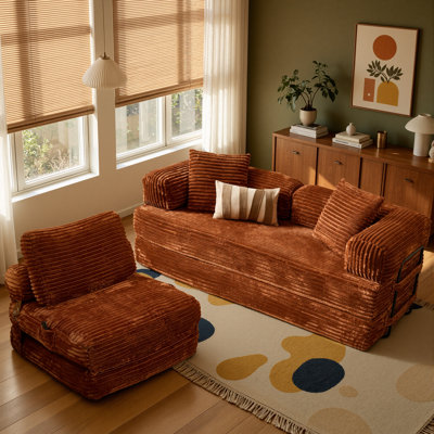 2-Piece Convertible Sofa Bed Set,Corduroy Boneless Floor Set For Living Room,Guest Room,Apartment,No Assembly Required