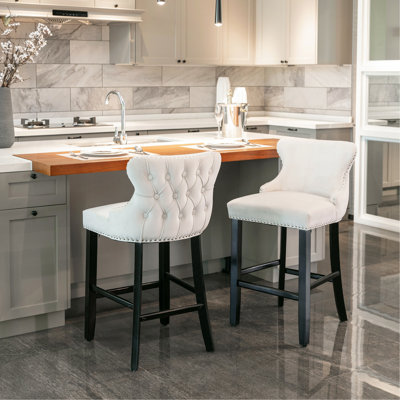 Contemporary Velvet Upholstered Wing-Back Barstools With Button Tufted Decoration And Wooden Legs, And Chrome Nailhead Trim, Leisure Style Bar Chairs,Bar Stools, Set Of 2