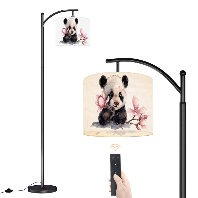 Lampe sur pied à arc avec abat-jour réglable Mignon bébé panda jouant une fleur de style chinois, lampe sur pied 3 températures de couleur à intensité variable, grand mât avec interrupteur au pied pour la chambre à coucher
