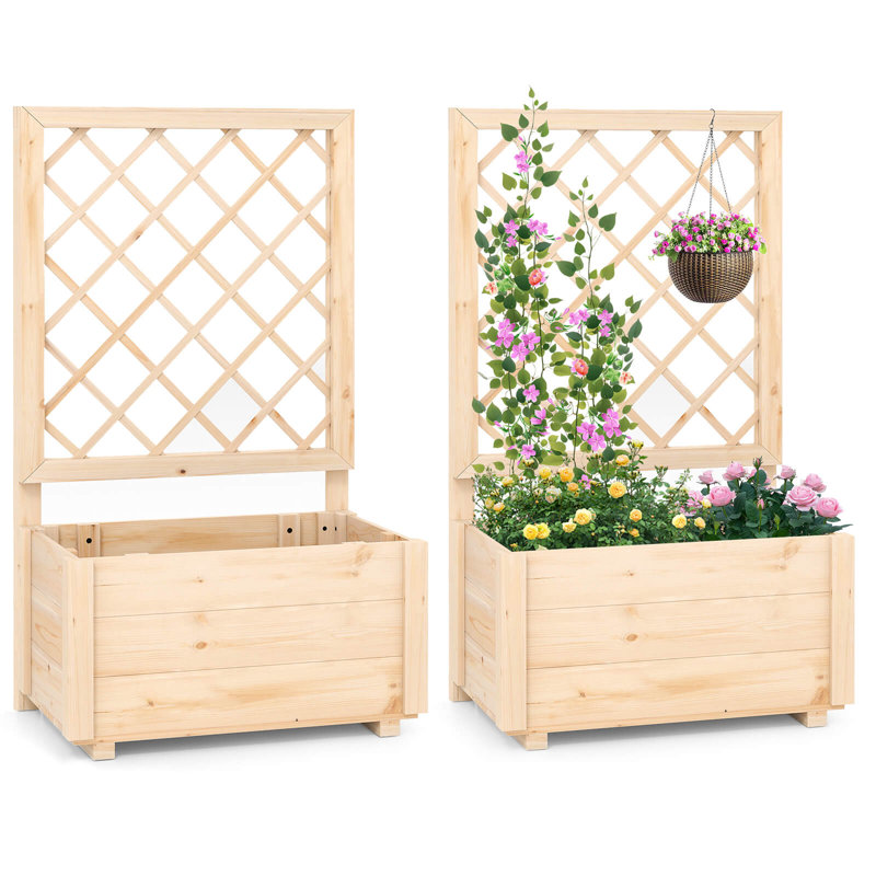  2 Pcs 40" Tall Wooden Raised Garden Bed With Lattice Trellis For Climbing Vine, 2