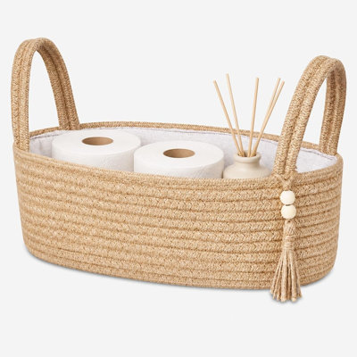 Panier de rangement en corde de jute avec poignées, organisateur de réservoir de toilette tissé avec doublure en lin, panier décoratif bohème pour étagères de salle de bain, chambre et salon