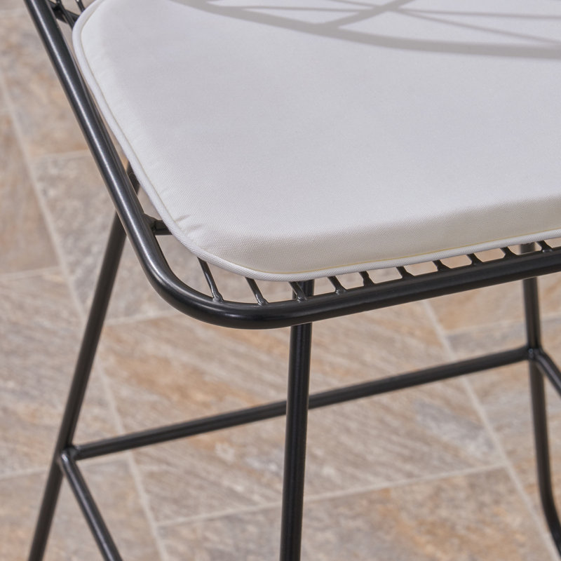 Hedy Black Iron Outdoor Counter Stools with Ivory Cushions, Set of 4