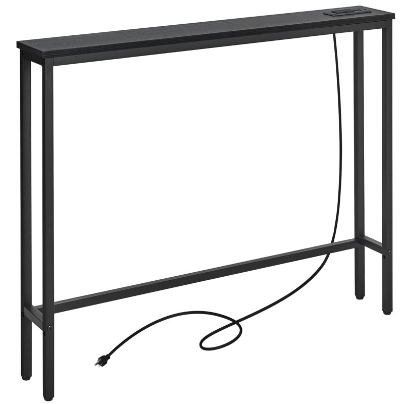 Narrow Console Sofa Table with Outlet, Black, Black