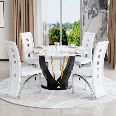 Black & Gold Modern Round Dining Set with Faux Marble Top and PU Leather Chairs
