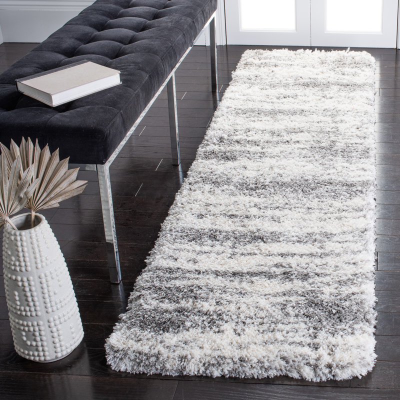Ivory and Grey Hand-knotted Shag Runner Rug