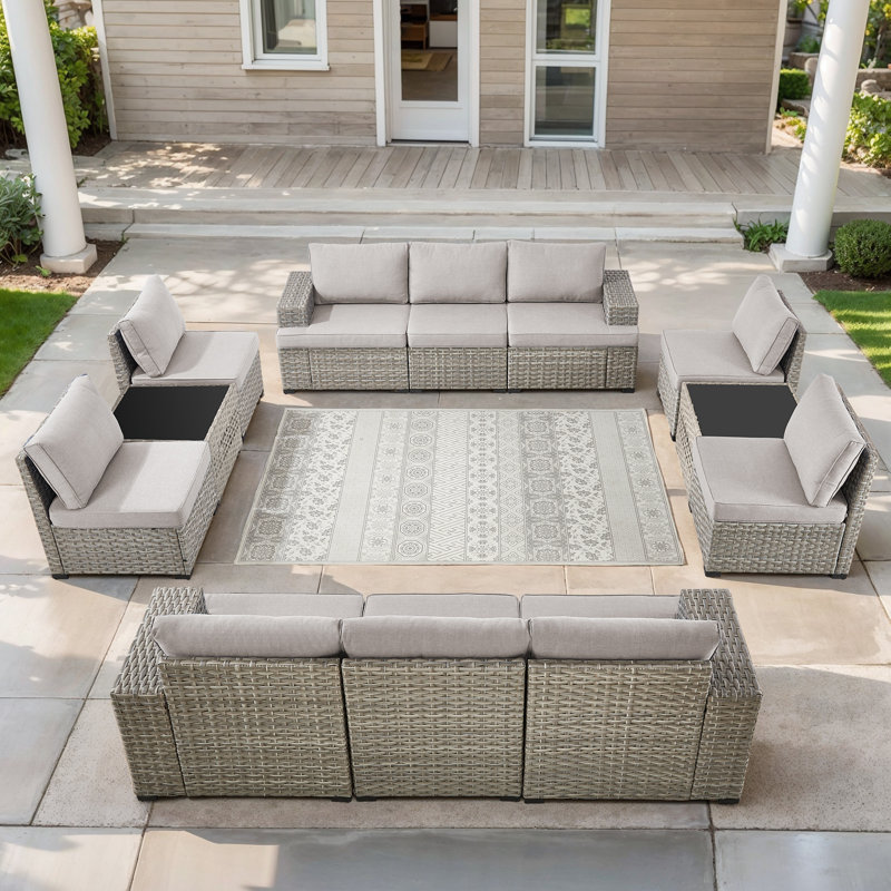 Clute Arnoltice 10 - Person Outdoor Wicker Rattan Deep Seating Patio Sofa Set With Cushions And Side Table, Beige