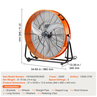 Drum Fan, 30 Inch High Velocity Industrial Shop Fan, Heavy-Duty Commercial Use 3-Speed 13000CFM, 360°Adjustable Tilting Industrial Floor Fan for Warehouse, Workshop, Factory, Basement