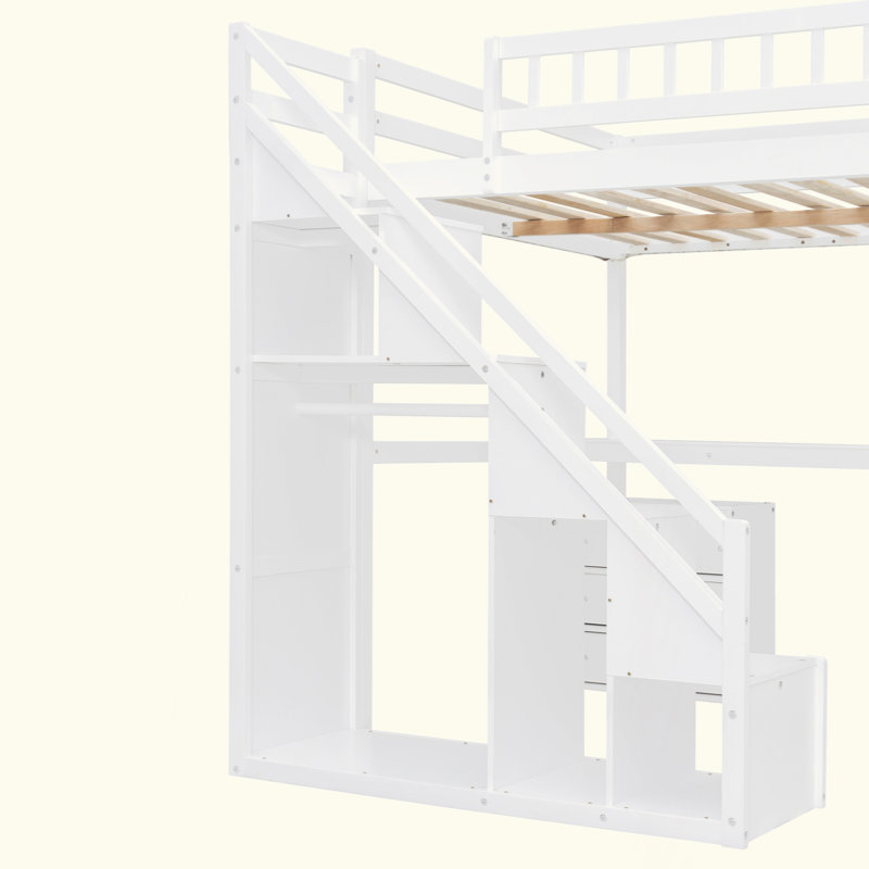 Lit mezzanine avec bureau, deux commodes et bande lumineuse intégrée, lit mezzanine peu encombrant avec escalier latéral