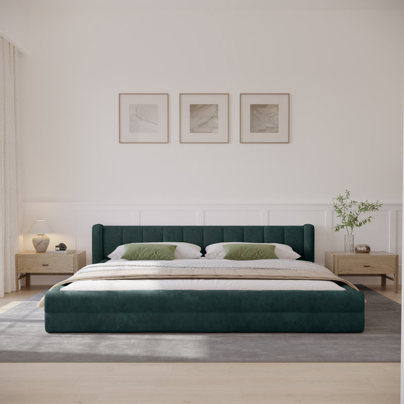  Base de lit tapissier Chenille, lit plateforme avec tête de lit à oreilles, Bleu vert, Très grand