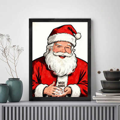 Black Framed Vintage Santa Claus hand washing reminder Wall Art Retro Style Framed Prints