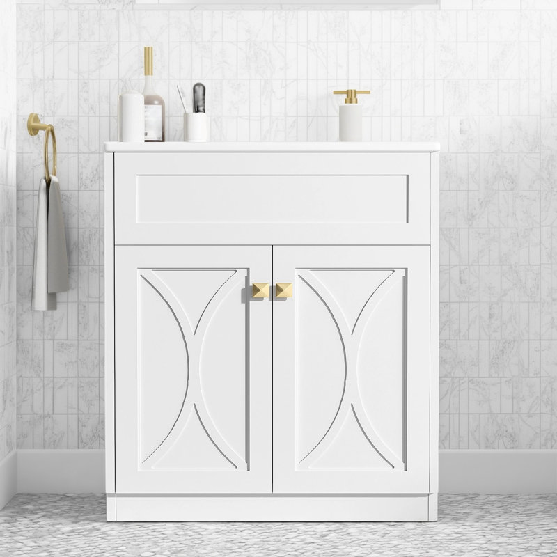 Meuble-lavabo autoportant moderne de 30 po avec lavabo en céramique, poignées dorées et portes à fermeture en douceur, Blanc
