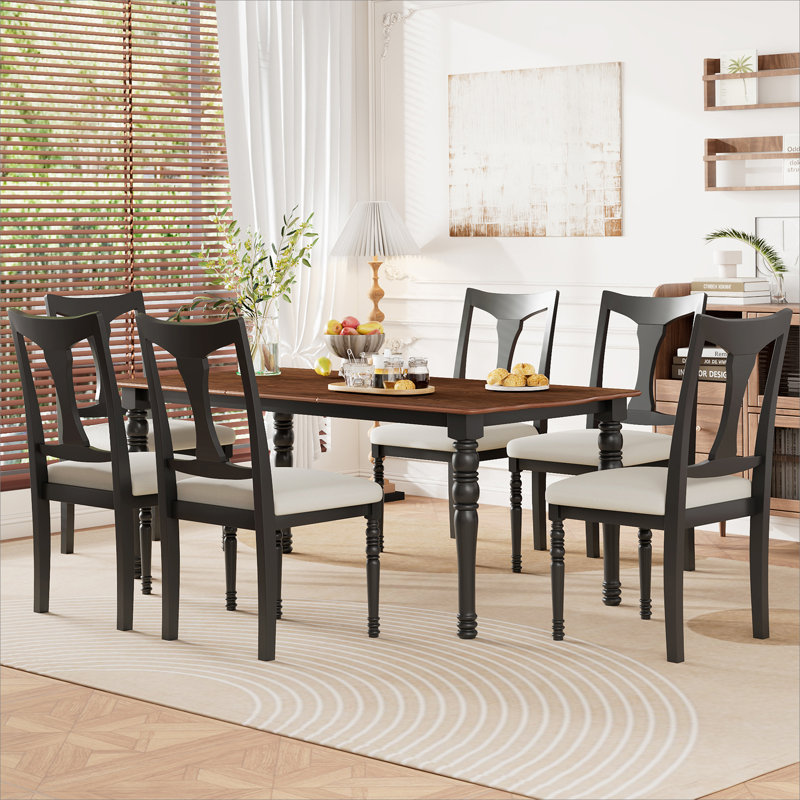 Ensemble de table de salle à manger 7 pièces, table de salle à manger extensible en bois de 60 à 78 pouces avec rallonge amovible, ensemble de table de cuisine avec 6 chaises d'appoint rembourrées, ensemble de table de salle à manger pour 6