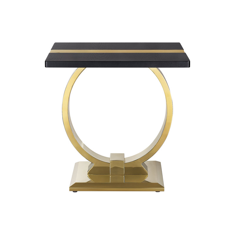 Table d'appoint luxueuse (1 pièce) avec piétement en forme de O, finition acier inoxydable noir et doré pour salon