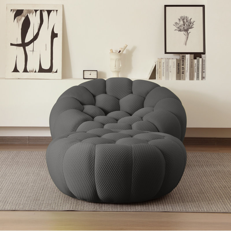 Cenie 48.43" Upholstered Club Accent Chair With Compression Ottoman, No Assembly Required, Dark Gray Polyester Blend