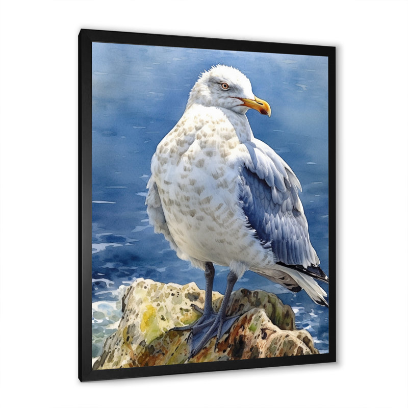 Mouette au bord de la mer IV - Reproduction d'art mural animaux, Cadre simple noir, H 32 po x l 16 po x P 1 po
