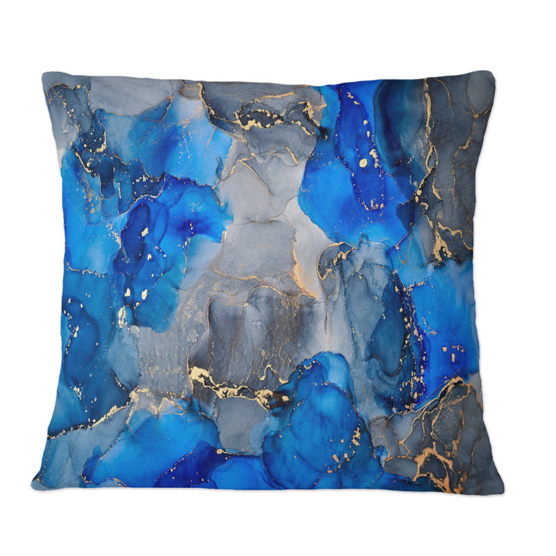Bleu et gris, luxe, abstrait, art fluide, V, coussin décoratif moderne, 18 po x 18 po