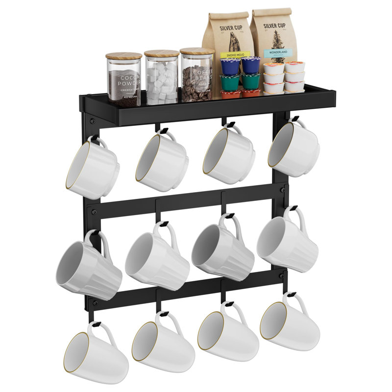 Porte-tasses rustique en métal avec 12 crochets et tablette supérieure (noir)
