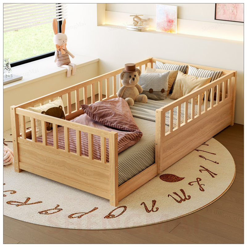 Lit simple Montessori avec garde-corps de sécurité, structure en bois à profil bas pour enfants, aucun sommier requis, idéal pour les chambres partagées