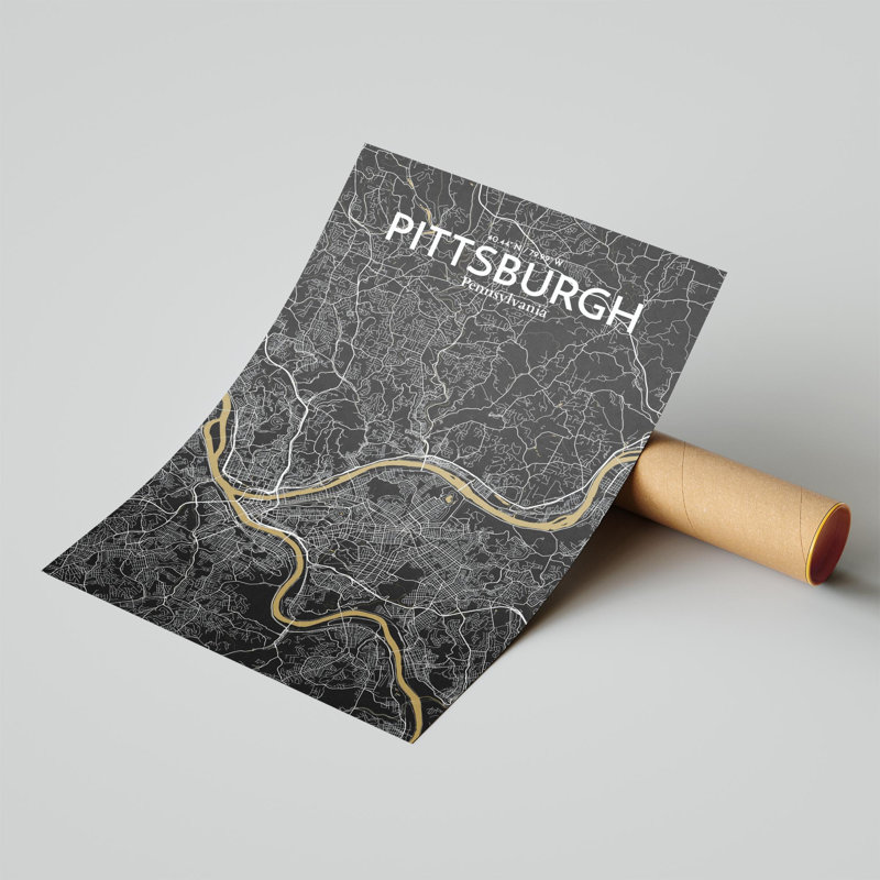 Pittsburgh City Map, impression, H 17 po x l 11 po, Noir et or