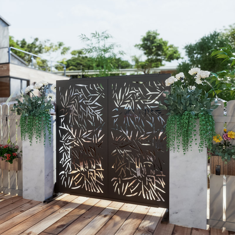 6ft. H × 4 ft. W Metal Privacy Screen Fence Panel Bamboo Leave Pattern, Black