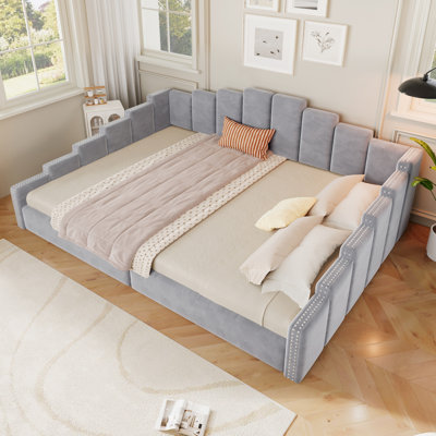 Queen Size Upholstered Daybed with Nailhead Trim, Velvet Platform Bed Frame, No Box Spring Needed, Gray