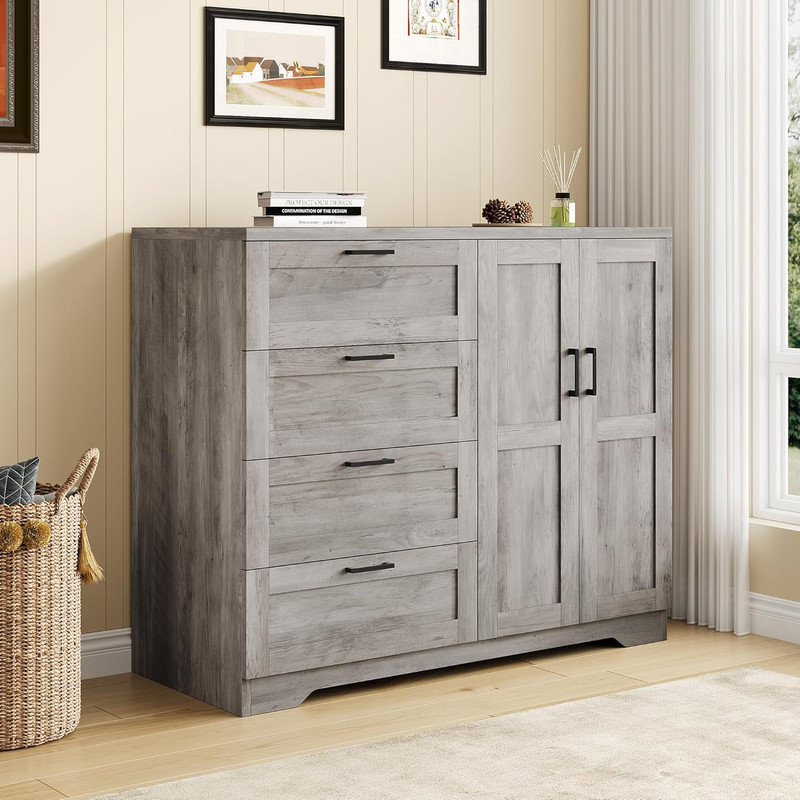 43.3" H Armoire Wardrobe with 4 Drawers & 2 Doors, Hanging Rod, Freestanding Storage Closet for Bedroom, Bathroom, Gray