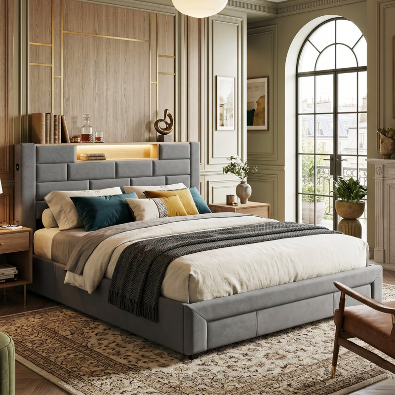 UK Grey Velvet Storage Bed with USB-C Charging Ports, Upholstered Bed Frame with 3 Drawers & App-Controlled RGB LED Headboard