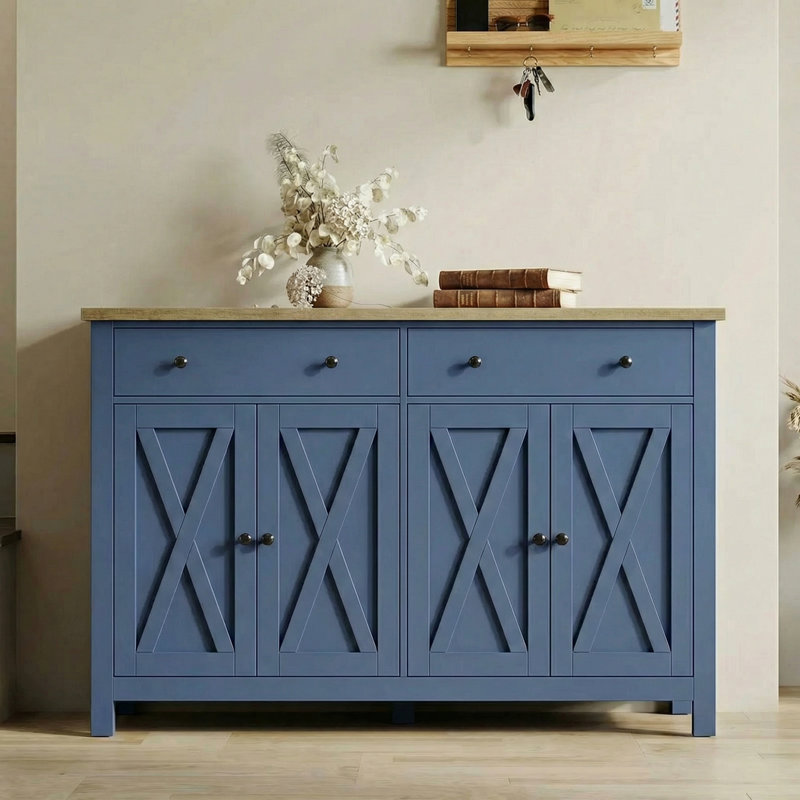 Wood Accent Cabinets With 2 Drawers & 4 Doors, Blue