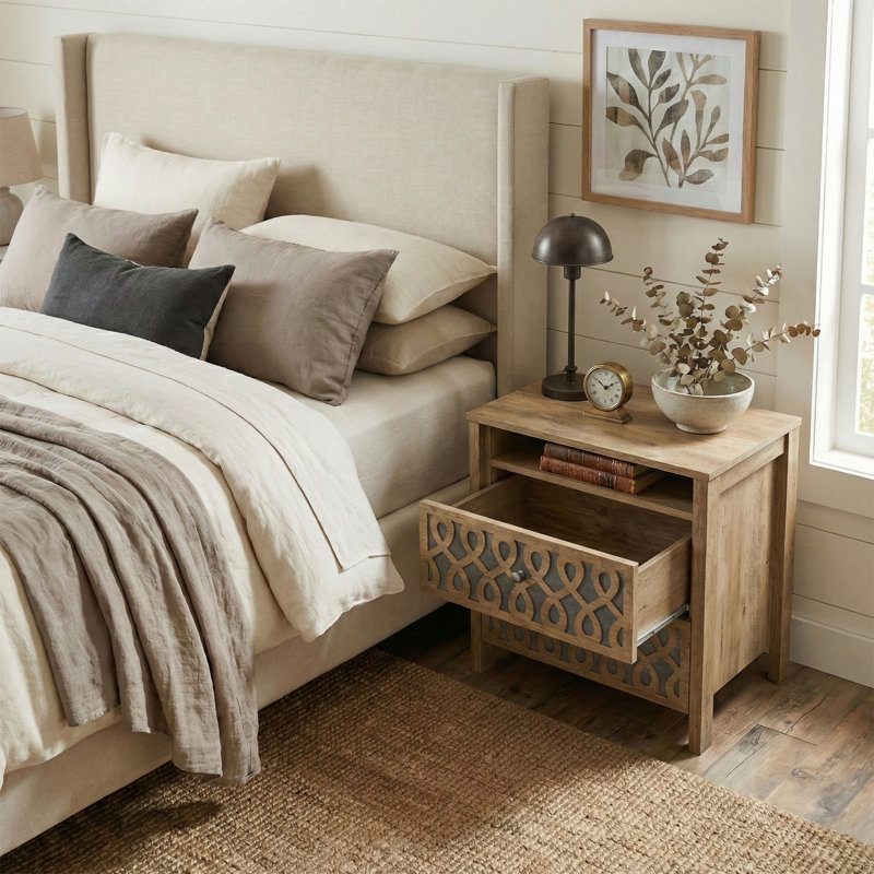 Allysyn 2 Drawer Nightstand With Open Storage, Brown