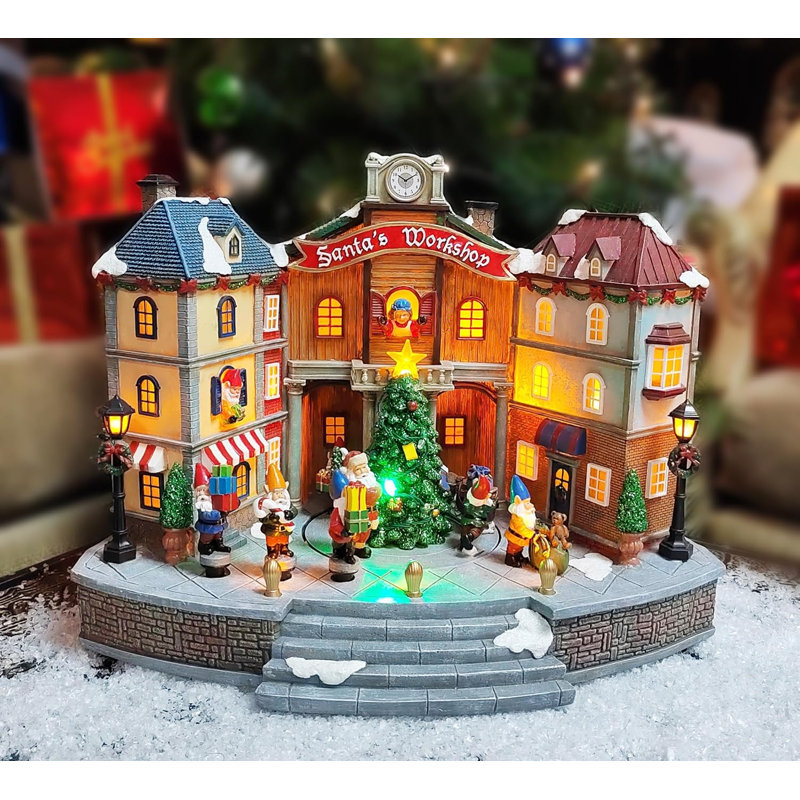 10,83 "H animé atelier du Père Noël (arbre en mouvement) - DEL, 8 musique, adaptateur - résine peinte à la main