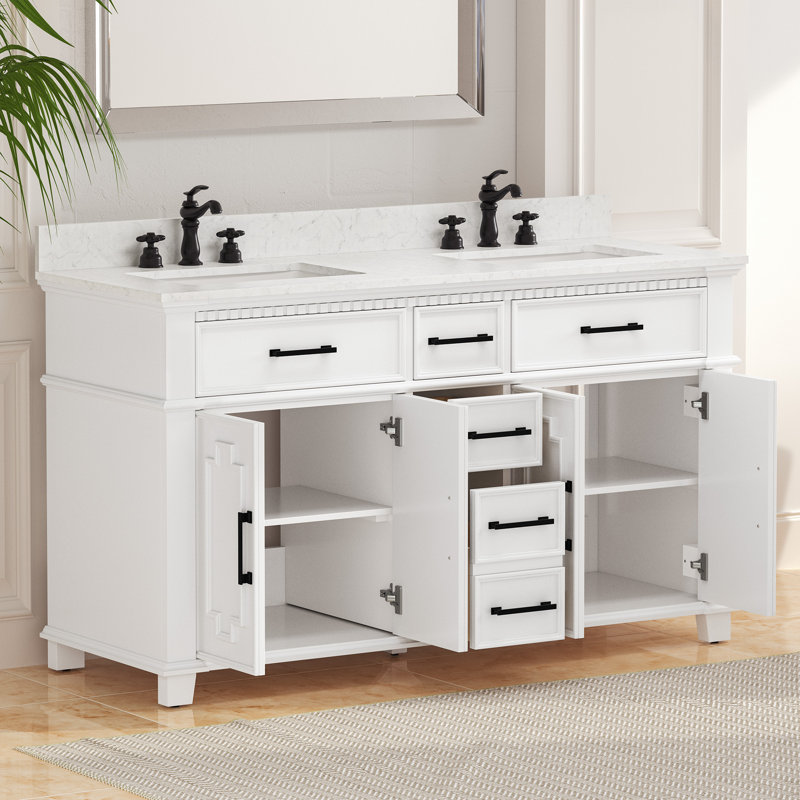 Scarlett 60'' Double Bathroom Vanity with Engineered Stone Top, White/Matte Black