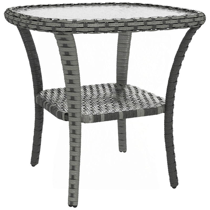Table basse en rotin avec tablette de rangement, table d'appoint en osier avec plateau en verre pour l'extérieur, gris mix