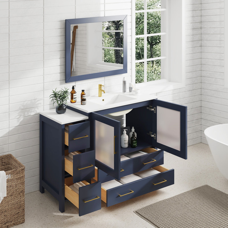 Ensemble de meuble-lavabo autoportant 48 po avec plateau en céramique et miroir assorti Brescia, Bleu