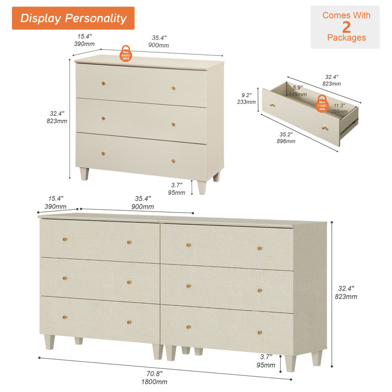 Lysiane 2-In-1 Wooden 6-Drawer Dresser for Bedroom