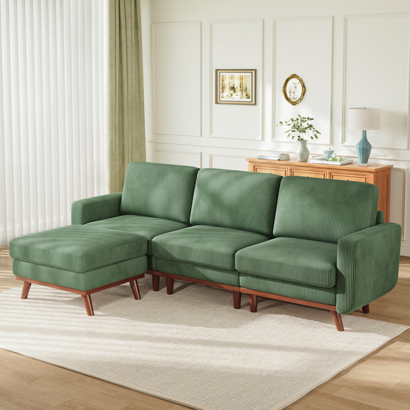 97" Modular Sectional Sofa, L-shaped Couch With Movable Ottoman, Comfy Corduroy Couch With Spring Cushion, Green Corduroy