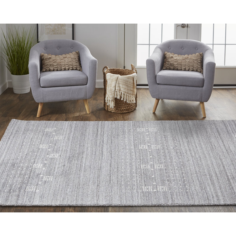 Tapis rectangulaire gris / ivoire en laine tissé à la main Kemmy, Rectangle 5 pi 6 po x 8 pi 6 po