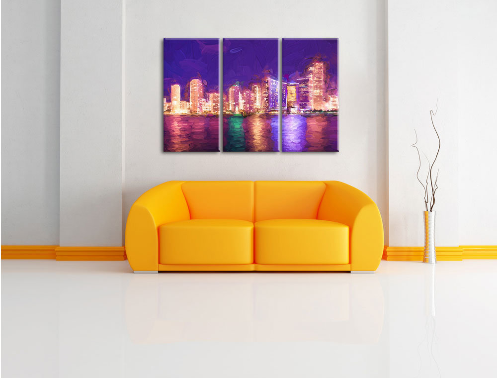 3-tlg. Leinwandbilder-Set „Schöne Nacht-Szene Skyline von Miami Florida“, Grafikdruck