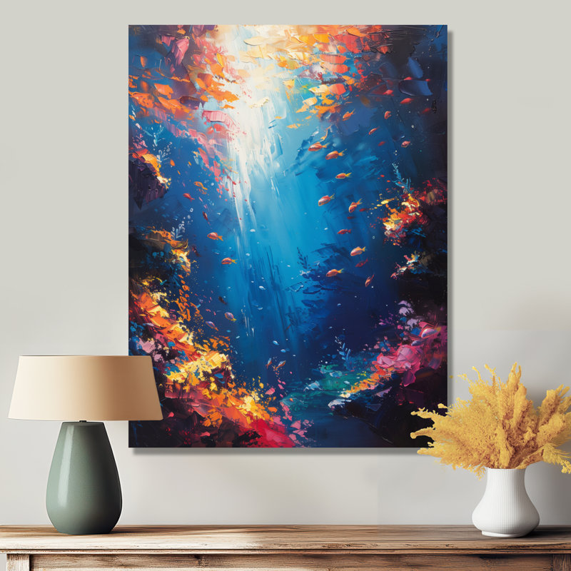 Bleu, orange, corail, poisson clown, vie marine - art mural Coralwall, H 16 po x l 32 po, Silver Floater Framed