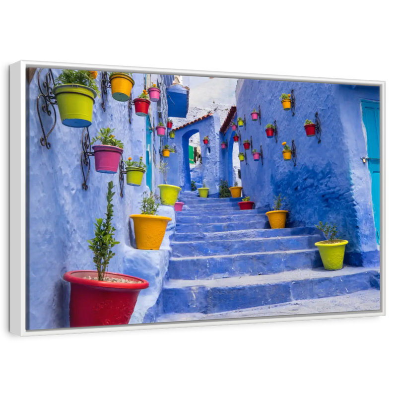 Moroccan Blue Street, Floating Frame White, 13" X 9"