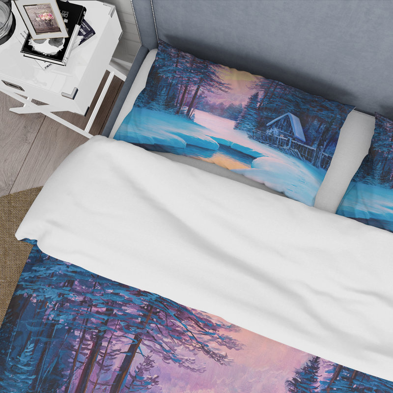 Winter Landscape & The River House In The Woods II - Ensemble de housse de couette Country - Microfibre de polyester
