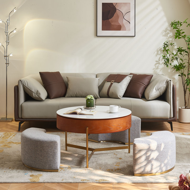 Lift Top Extendable 3 Storable Stools Sintered Stone Coffee Table with Storage, Grey