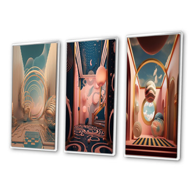 «Futur Folklore Minimal Retro Architecture I», 3 pièces sur toile